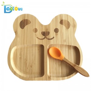 Eco-Friendly Reusable Cheap Bamboo Kids Plates Toddler Bamboo Spoons Silicone Suction Wooden Baby Plate